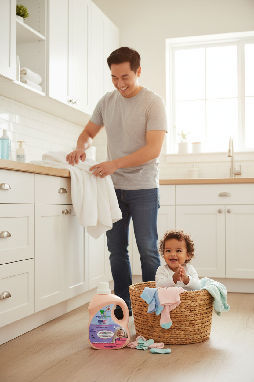 A father smiling while his child plays nearby a bottle of AngelicKleen Baby Soft detergent.