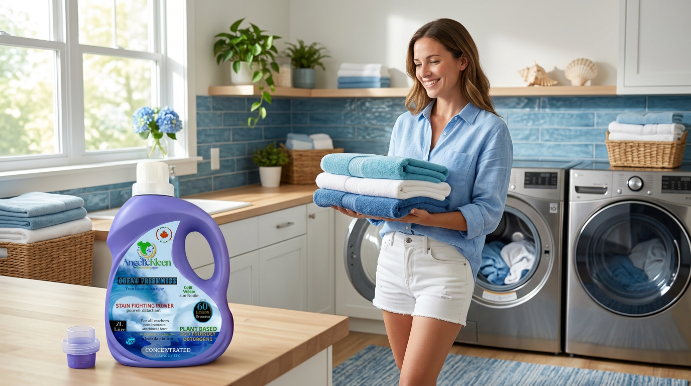 AngelicKleen Ocean Freshness laundry detergent bottle resting on a dryer.