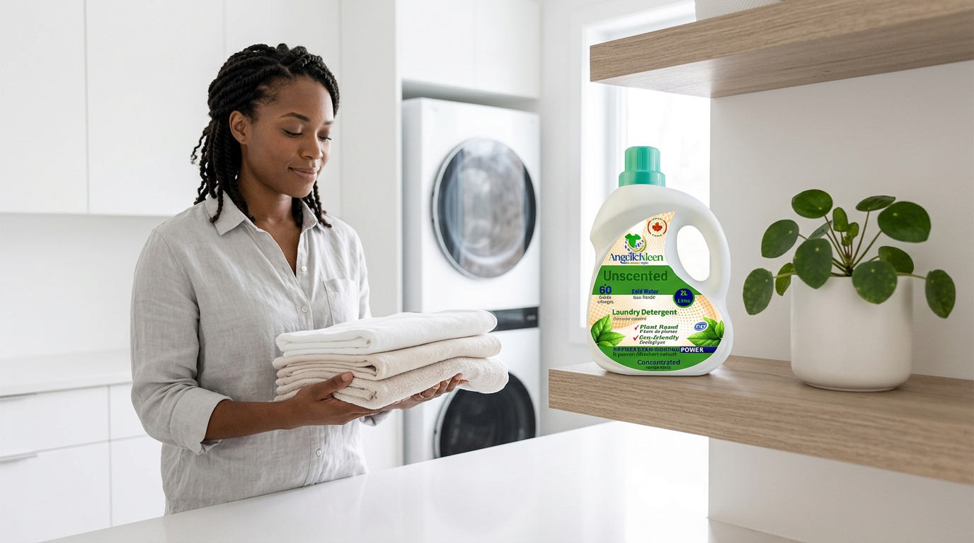 A happy with a bottle of AngelicKleen Unscented plant-based laundry detergent.