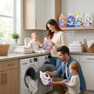 Smiling couple using AngelicKleen Lavender Bliss plant-based laundry detergent in their laundry room.